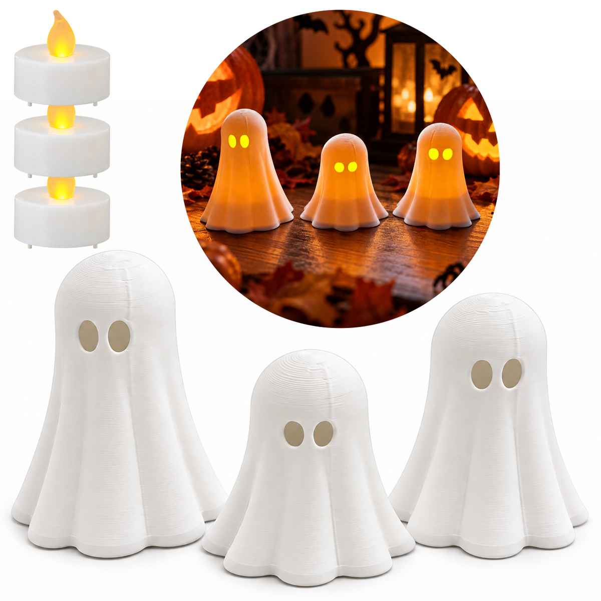 3 Duszki Duchy Halloween Lampiony Dekoracyjne + 3 Świeczki LED Zestaw Ozdób