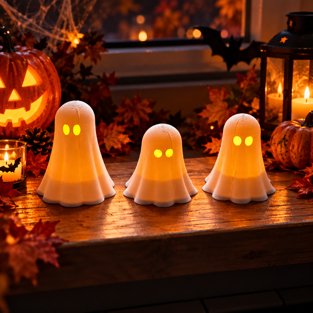 3 Duszki Duchy Halloween Lampiony Dekoracyjne + 3 Świeczki LED Zestaw Ozdób