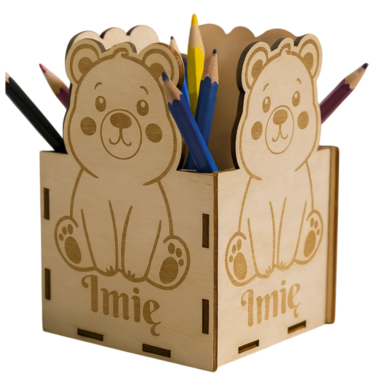 Przybornik Na Kredki Długopisy Miś Lew Żyrafa Panda Drewniany z Imieniem
