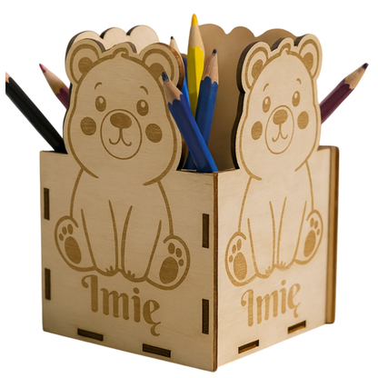 Przybornik Na Kredki Długopisy Miś Lew Żyrafa Panda Drewniany z Imieniem