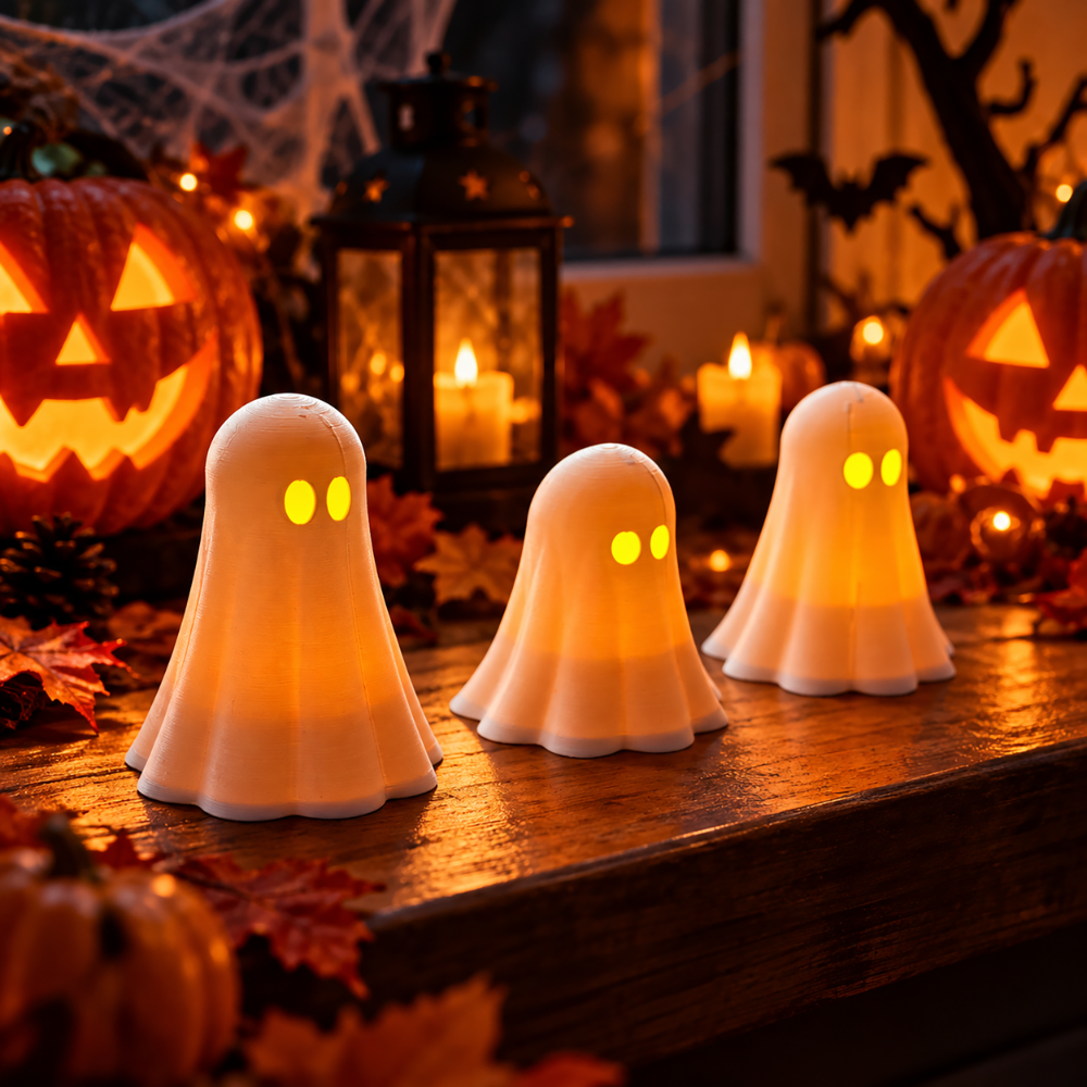 3 Duszki Duchy Halloween Lampiony Dekoracyjne + 3 Świeczki LED Zestaw Ozdób