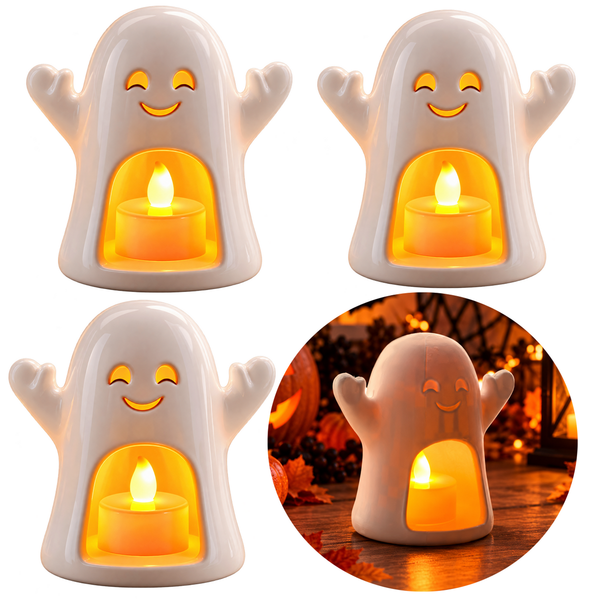 3 Duchy Halloween Lampiony ze Świeczkami LED Dekoracje Jesienne Ozdoby