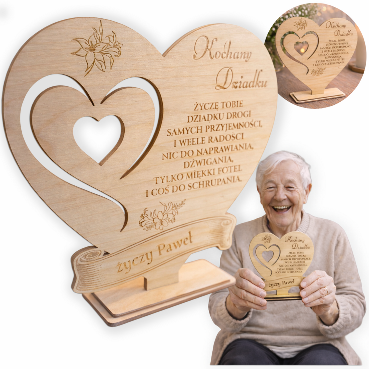 Drewniane Trofeum Dla Dziadka Prezent Serce Na Dzień Dziadka z Grawerem