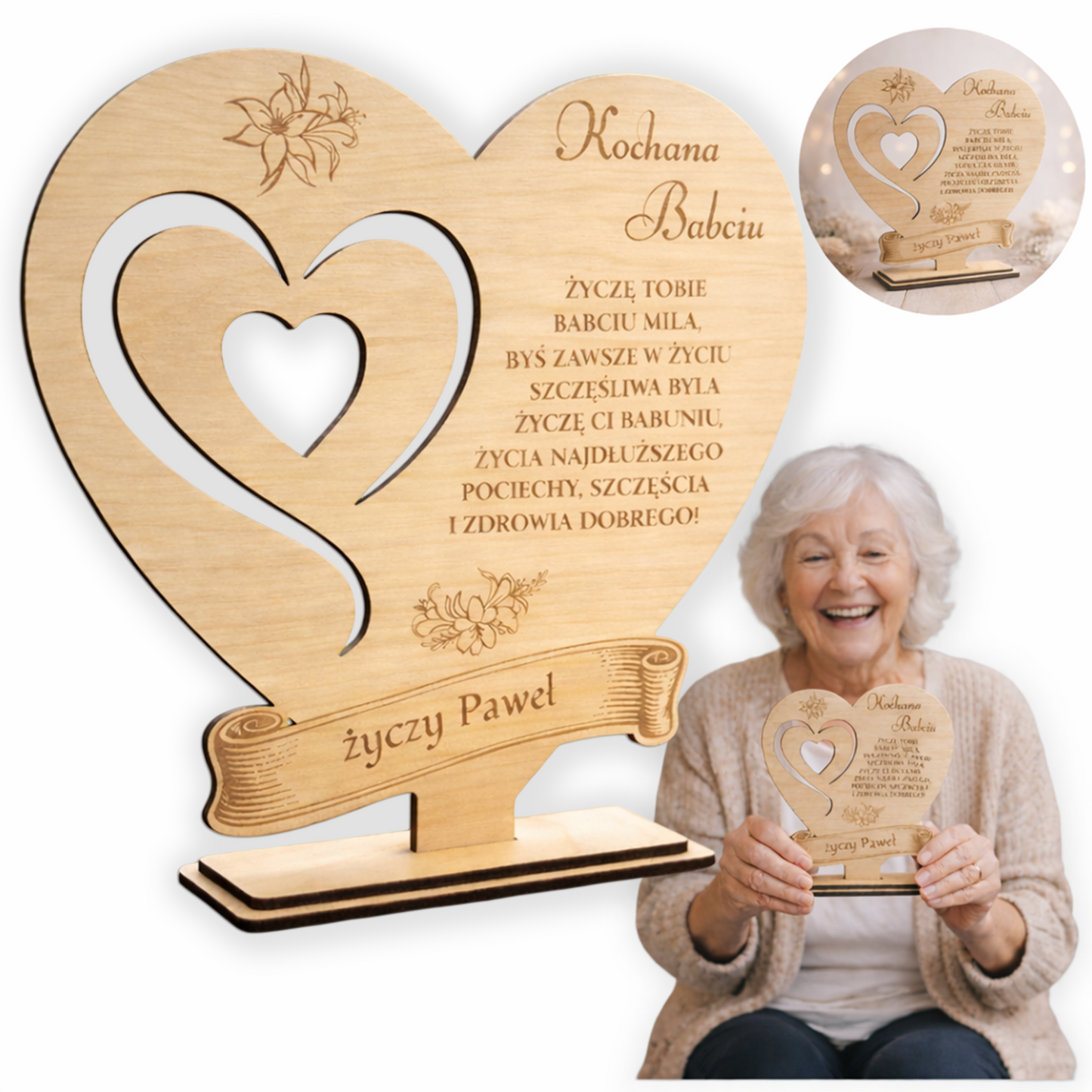 Drewniane Trofeum Dla Babci Prezent Serce Na Dzień Babci z Grawerem